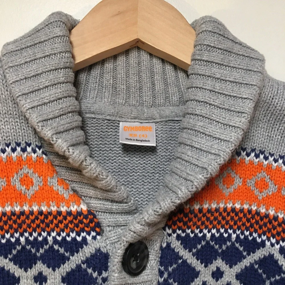 Gymboree Cardigan Sweater Boys Size 4 Grey Fair Isle Shawl Collar Cotton Preppy